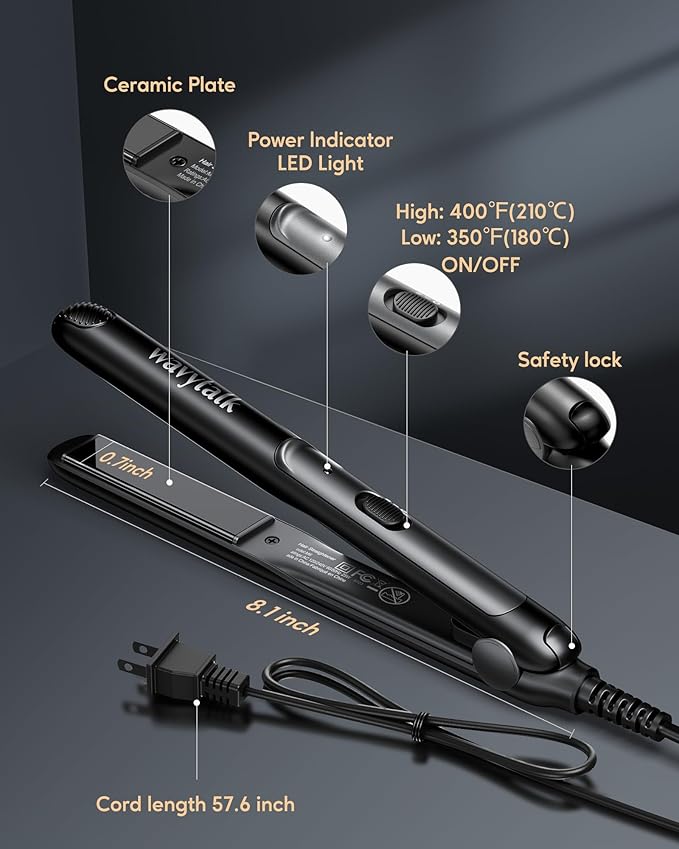 Wavytalk Pro Mini Temperature Adjustable Hair Straightener - 0.7 Inch Small Flat Iron for Short Hair, Curls, Bangs, Travel Use, Dual Voltage, Extended Size, Black