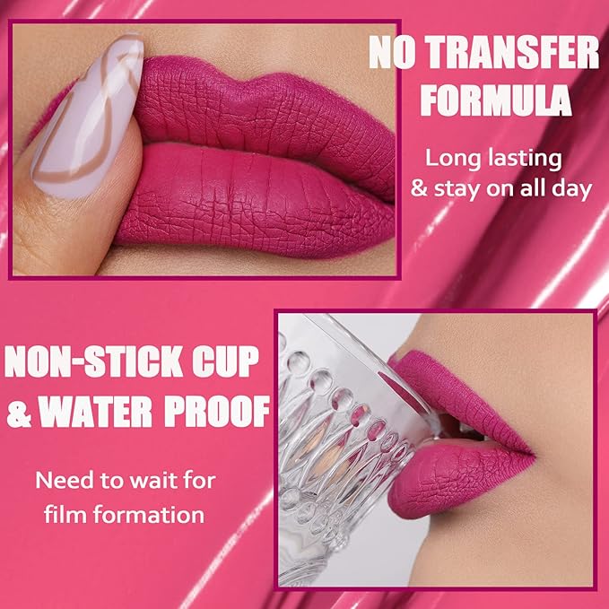 Oulac Matte Liquid Lipstick for Women 3PCS, Bright Pink Lip Stain Long Lasting Waterproof, No Transfer, Creamy High Pigmented Formula, Vegan & Cruelty-Free. Pink Set【M06+M09+M10】