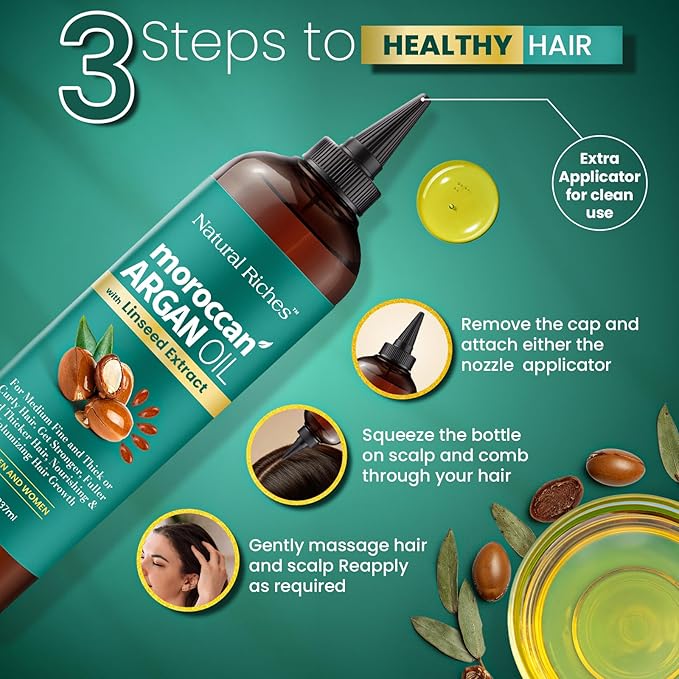 Natural Riches Moroccan Argan Oil for Hair Treatment with Linseed Extract – Smooths Frizz, Detangles, Conditions & Boosts Shine – Deep Hydration for Dry, Damaged, Curly & Color-Treated Hair – 8 fl oz