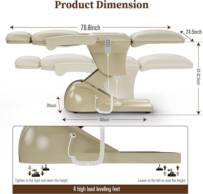 3 Motor Electric Esthetician Bed, Fully Electric Facial Chair with Adjustable Height, Backrest and Footrest, Spa Chair with Armrest & Heavy Duty Base, PU Leather for Spa, Tattoo, Eyelash and So On