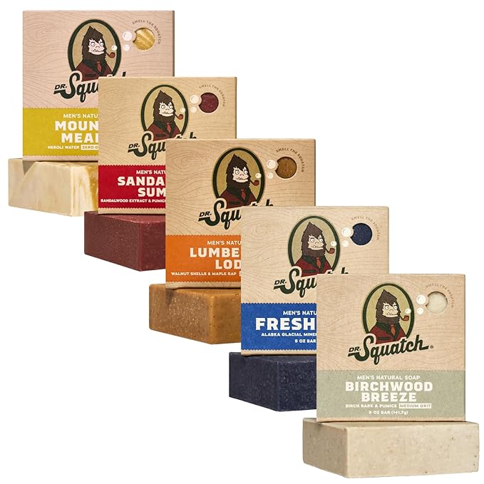 Dr. Squatch Natural Bar Soap for Men Variety Gift Set - Cold Process Soap No Harsh Chemicals - Mountain Meadow, Sandalwood Summit, Lumberjack Lodge, Fresh Falls & Birchwood Breeze (5 oz, 5-Pack)