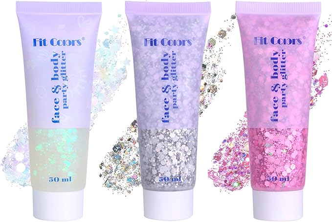 Face Body Glitter Set for Women and Kids, White Silver Pink Holographic Mermaid Sequins Chunky Glitter Makeup for Festival Rave Outfits Accessories, Sport, Wedding Season, Valentine's Day
