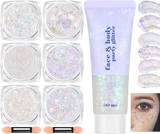 Clear White Face Body Hair Glitter Gel, Party Concerts Face Paint Mermaid Holographic Chunky Festival Rave Accessories Glitter Makeup, 6 Kinds of Sparkling Sequins for Hair Nail Eye Lip Body