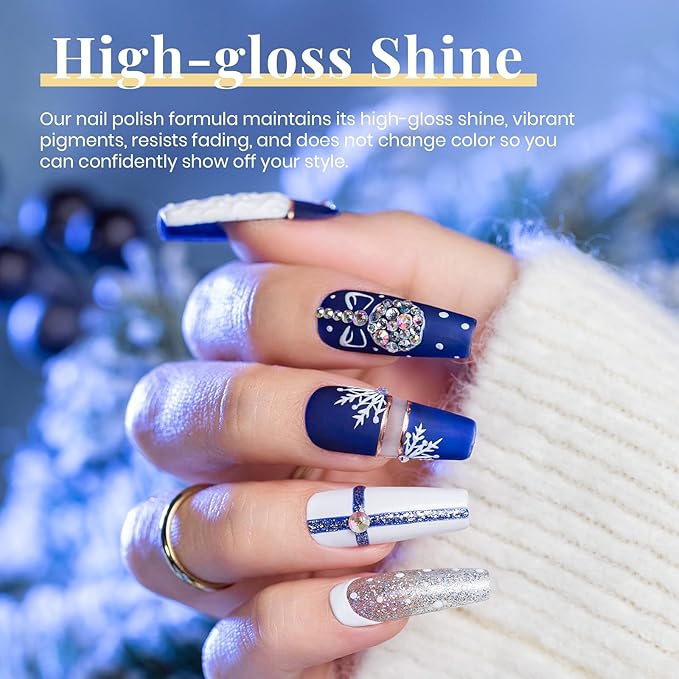 Beetles Christmas Gel Nail Polish Set 5 Winter Colors Dark Blue Glitter White Light Blue Silver Gel Polish with Sealing Gel Sugar Dust Powder Nail Sticker UV LED Needed Gifts for Women Sparkling Snow