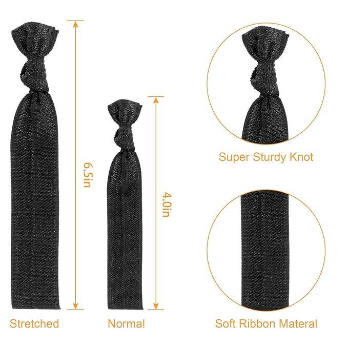 79STYLE Fabric Hair Ties - No Damage Black Ribbon Flat Hair Bands, Knotted Soft Ponytail Holders for Women, Yoga Hair Scrunchies (Black)