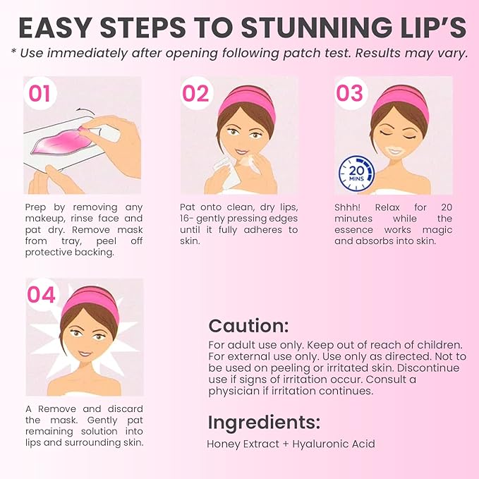 MISS SPA Lip Mask, Hydrate Boost Hydrogel Pink Lip Mask, Sooth Restore Lips, Lip Plumper, Moisturizing And Reducing Fine Lines, Anti-Aging Face Mask Skin Care, Nourishing Honey Lip Patches 4 Pack