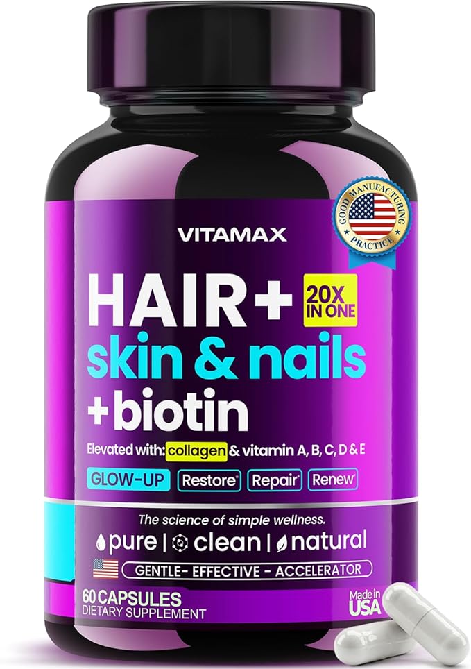 Biotin | Collagen | Keratin Booster with Hyaluronic Acid - Thicker Hair Growth, Healthy Skin & Stronger Nails Supplement – Extra Strength - Multi Vitamin B Complex - Women & Men - Made in USA - 60ct