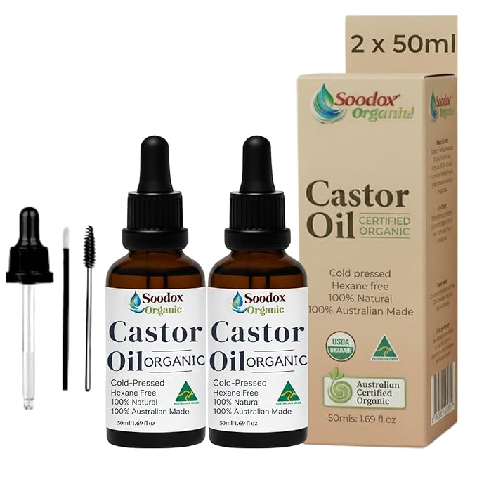 Castor Oil Organic for Hair, Skin, Face & Nail Care 50ml, Eyelashes & Eyebrows Hair Growth Oil, Cold Pressed, Unrefined & Hexane-Free, Australian Made, Bonus Dropper & Brushes, 2 pack