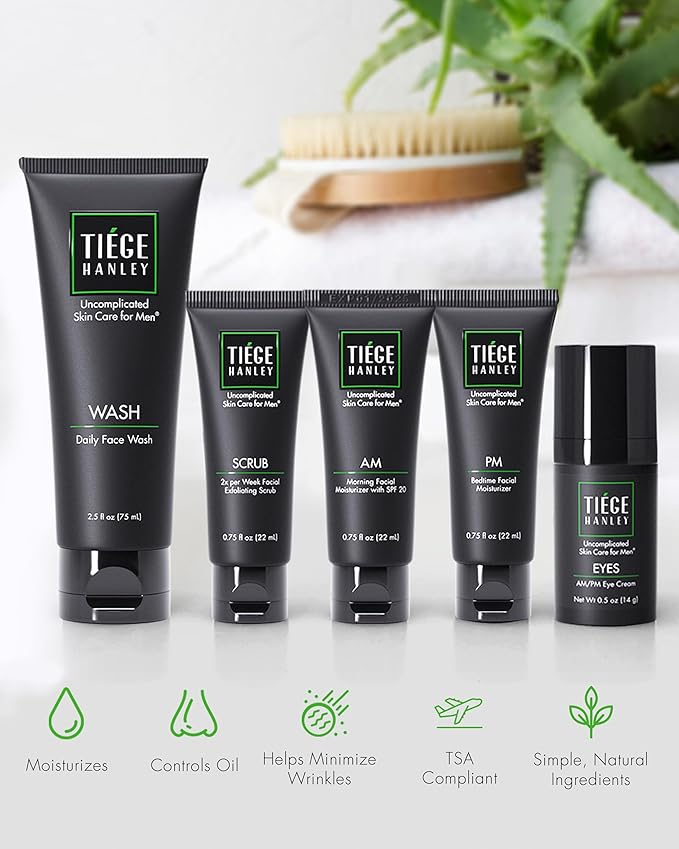 Tiege Hanley Skin Care Set for Men, Advanced Routine, System Level 2, Daily Face Wash, Facial Scrub, Two Moisturizers, and Eye Cream for Healthy, Hydrated Skin, Men’s Skin Care, 5 Piece Kit