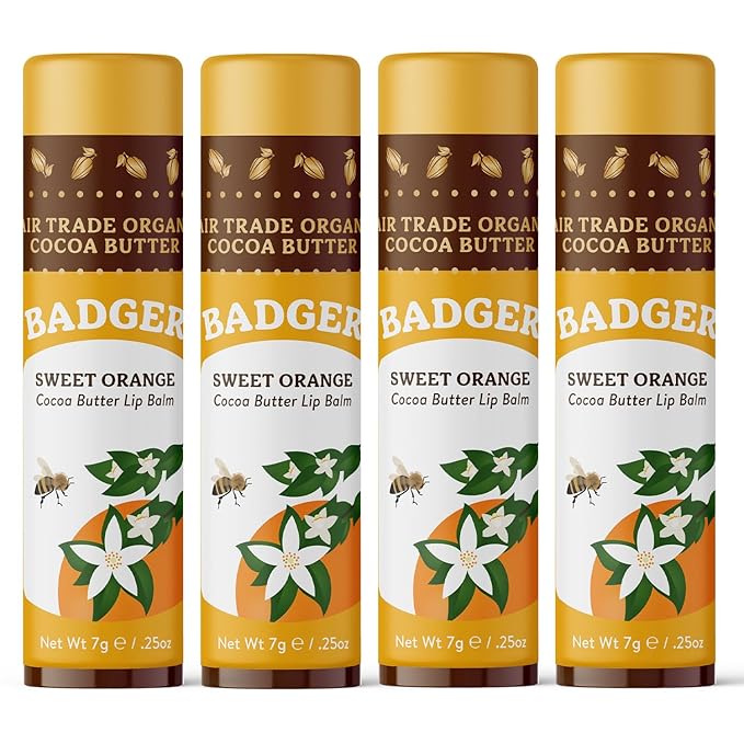 Badger Sweet Orange Cocoa Butter Lip Balm, 100% Organic Lip Balm, Hydrating Long Lasting Lip Moisturizer, Large Stick Lip Care, 4-pack