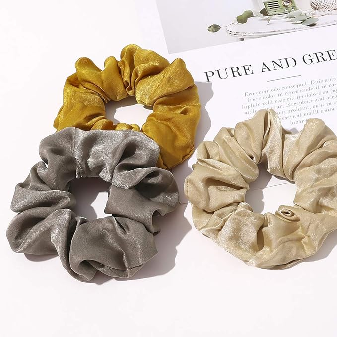 Silk Satin Scrunchies Women Hair Ties - Ivyu Big Scrunchy Ponytail Holder No Crease Hair Bands Soft Elastic No Hurt Your Hair for Vsco Girl Women Beige Gray Dard Yellow Light Yellow