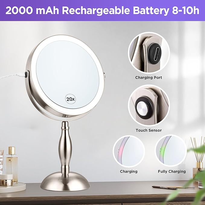 20x Magnifying Mirror with Light, 3 Color Modes and Adjustable Brightness with Lighted Makeup Mirror, Side Charging Port & SideTouch Sensor, 360° Rotation Double Sided Brushed Nickel