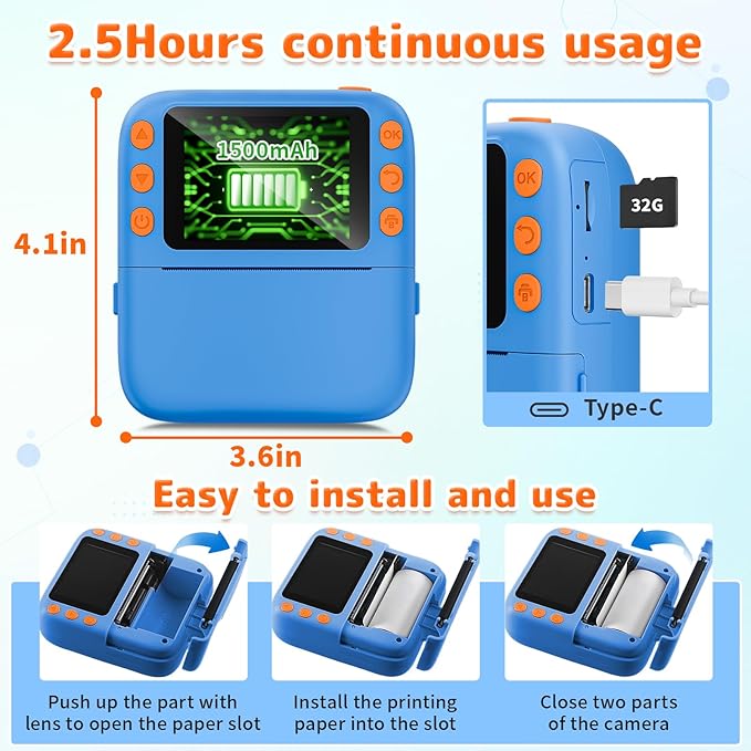 Instant Print Camera for Kids, Christmas Birthday Gifts for Girls Boys, 1080P Instant Digital Print Cameras for Toddler,Portable Toy for 4 5 6 7 8 9 10 Year Old Girl with 32GB SD Card，Blue