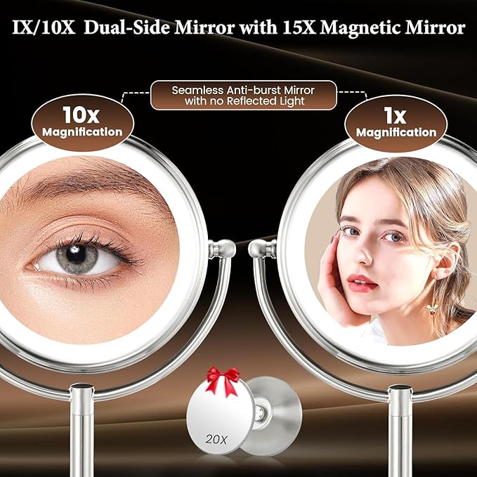 2025 VESAUR 9" Large 5000mAh Rechargeable Lighted Makeup Mirror Nickel, 1X/10X/20X HD Magnifying Mirror with Compact Suction Mirror, 3 Color Dimmable light, 360°Swivel Seamless Vanity Mirror, Gift Box