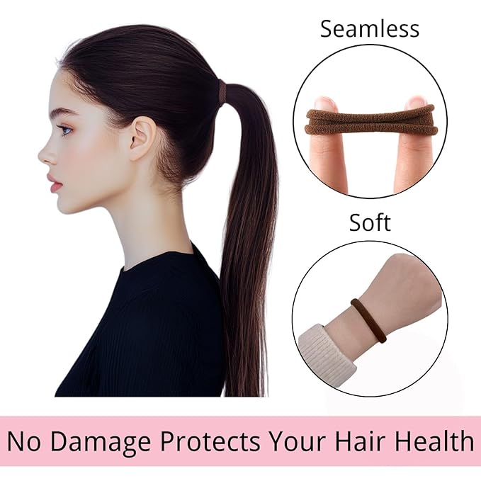 LuSeren 120 Pcs No Damage Hair Ties for Thick Hair, Large Soft Seamless Nylon Hair Elastics for Women, Ponytail Holders, Hair Accessories – brown