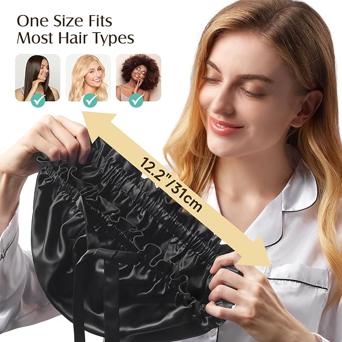 YFONG Double Layered 100% Mulberry Silk Bonnet for Sleeping Women, 22 Momme 6A Luxury Silk Sleep Cap with Elastic Band & Tie, Natural Night Wrap for Hair Care Short Long Curly Hair, Black