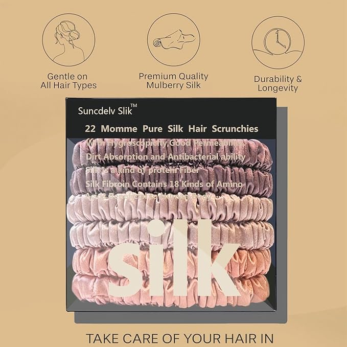 Suncdelv Silk,100% Silk Scrunchies for Hair,22 Momme Hair Ties for Anti-Crease & Breakage,Natural Women Hair Accessories，Fashion Hairbands 6PCS(Bean Paste, Rose Gold, Rubber Red)