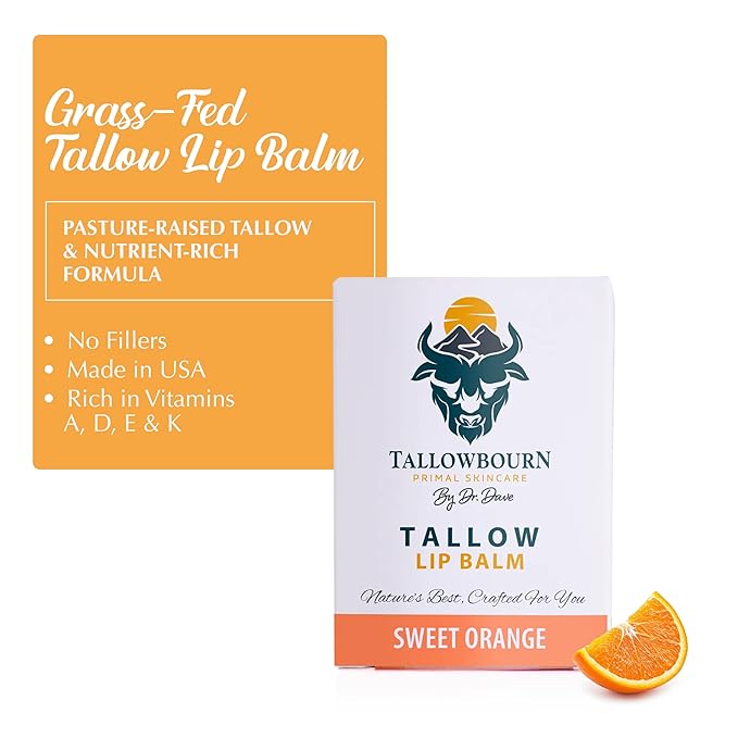 Moisturizing Tallow Lip Balm – Grass-Fed Beef Tallow with Organic Coconut Oil, Beeswax, and Vitamin E – Sweet Orange – Lip Balm Set – Travel Essential – 3-Pack