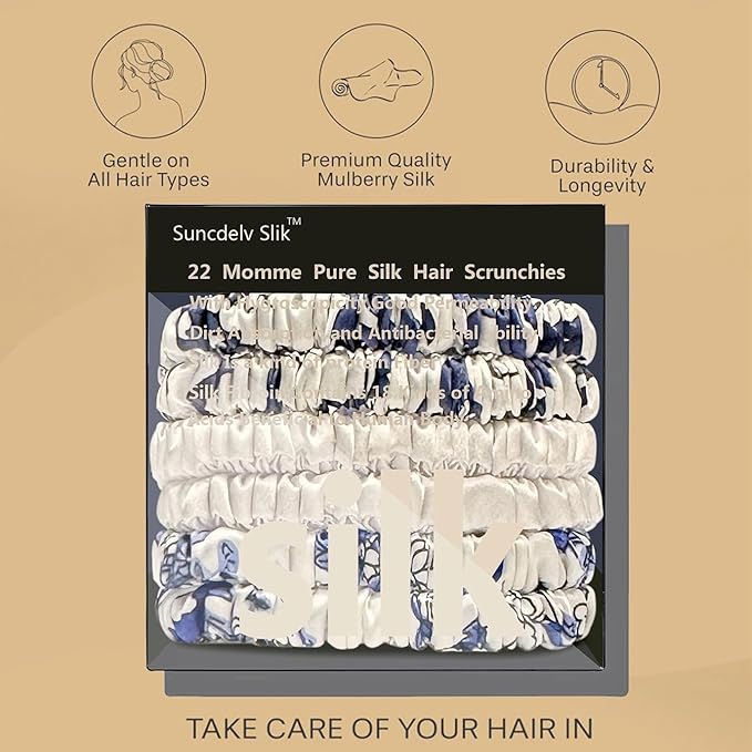 Suncdelv Silk,100% Silk Scrunchies for Hair,22 Momme Hair Ties for Anti-Crease & Breakage,Natural Women Hair Accessories，Fashion Hairbands(Blue And White Porcelain)