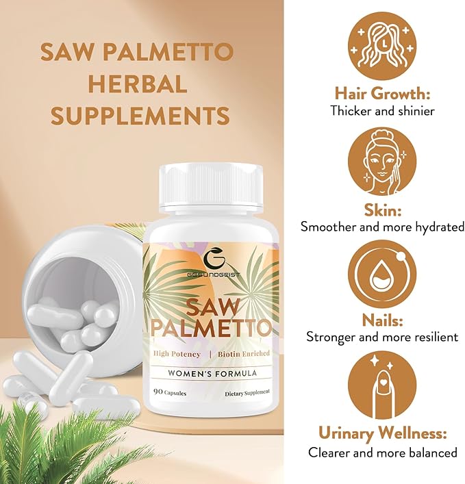 Saw Palmetto for Women Hair Loss - DHT Blocker with 5-in-1 Blend for Hair Growth, Skin & Nails, Urinary Wellness - Extra Strength Saw Palmetto Supplement - 90 Capsules