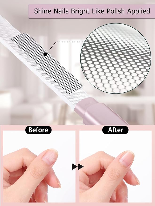 Glass Nail File and Buffer with Case, Crystal Fingernail Files for Natural Nails Nano Nail Shiner Polisher Care Kit for Travel Salon Stocking Stuffers for Women Girl Wife Gifts-Rose Gold