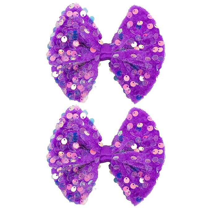 Velvet Sequin Hair Bows Elegant Purple Bow for Women Girls, 4in Glitter Handmade Hair Clips Alligator Clips Ponytail Holder Sparkly Hair Accessories for Helloween, Christmas, Birthday Party, Wedding