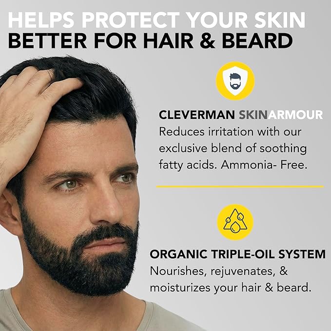 CLEVERMAN Black Hair & Beard Dye for Men, All-in-One Reusable Kit - Natural-Looking Gray Coverage, Professional-Quality, Ammonia-Free, 3.38 Fl Oz (1 Pack), Black, Suitable for Black Hair