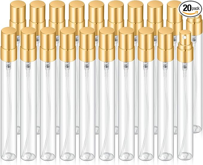 20Pcs 10ml Empty Clear Glass Mist Spray Bottle Refillable Mini Perfume Atomizer Travel Sample Bottle with Golden Aluminized Nozzle Makeup Container for Perfume (10ml Gold Caps)