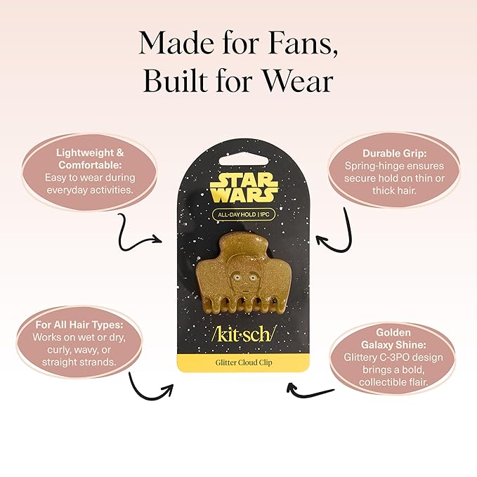 Kitsch x Star Wars C-3PO Glitter Medium Hair Clip for Women – Golden Droid Galaxy-Inspired Claw Clip | Recycled Plastic, Strong Secure Grip, | Ideal Gifts for Women, Hair Accessories for Girls