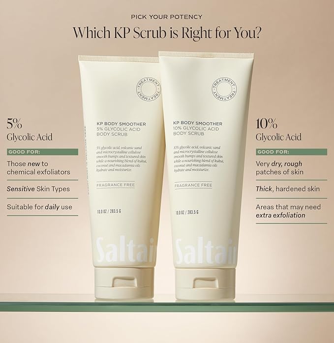 Saltair KP Body Scrub. 10% Glycolic Acid Treatment with Volcanic Sand and Plant Moisturizers. Fragrance-Free Physical Chemical Exfoliator. Exfoliating Body Scrubber for Rough Bumpy Skin, 10oz.