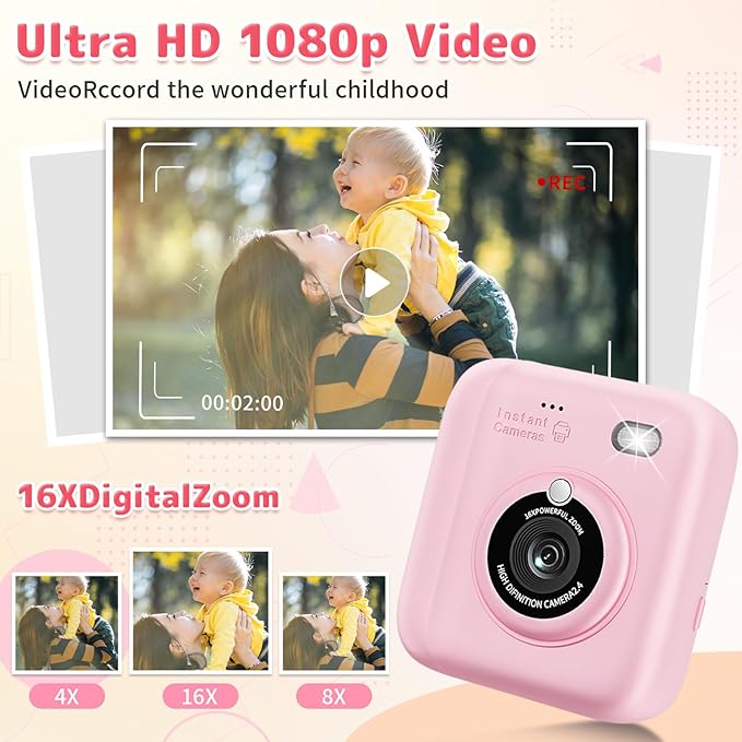 Instant Print Camera for Kids, Christmas Birthday Gifts for Girls Boys, 1080P Instant Digital Print Cameras for Toddler,Portable Toy for 4 5 6 7 8 9 10 Year Old Girl with 32GB SD Card，Pink