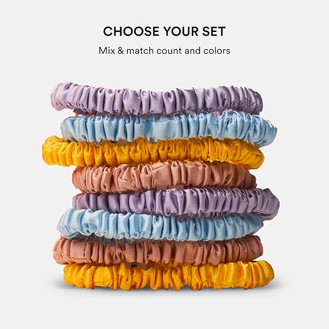 Clementine Sleepwear Essentials Organic Silk Scrunchie Set Flower Shop | 8 Skinny Scrunchies Made with GOTS Certified Silk for Frizz-Free Styling and Gentle Hair Care