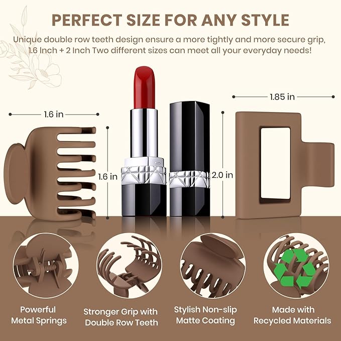 8 PCS Medium Hair Clips for Women Girls - 2 Styles Rectangle and Double Row Teeth Small Claw Clips for Thin/Medium Thick Fine Hair, Matte Non-slip Strong Hold Jaw Clips, Chic Colors