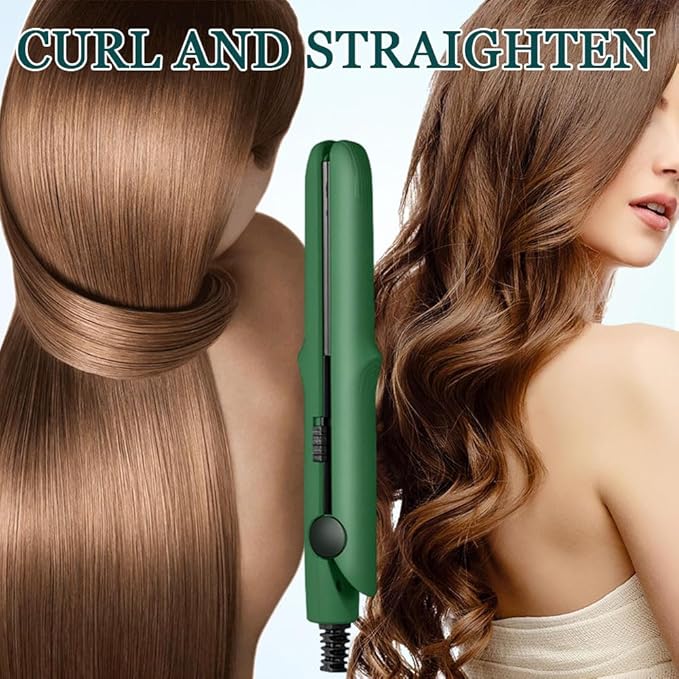 Mini Dual Purpose Curling Iron, 2025 Upgrade 2 in 1 Mini Curling Wand & Flat Iron Hair Straightener, Portable Travel Curling Wand for All Hair Types (Green)