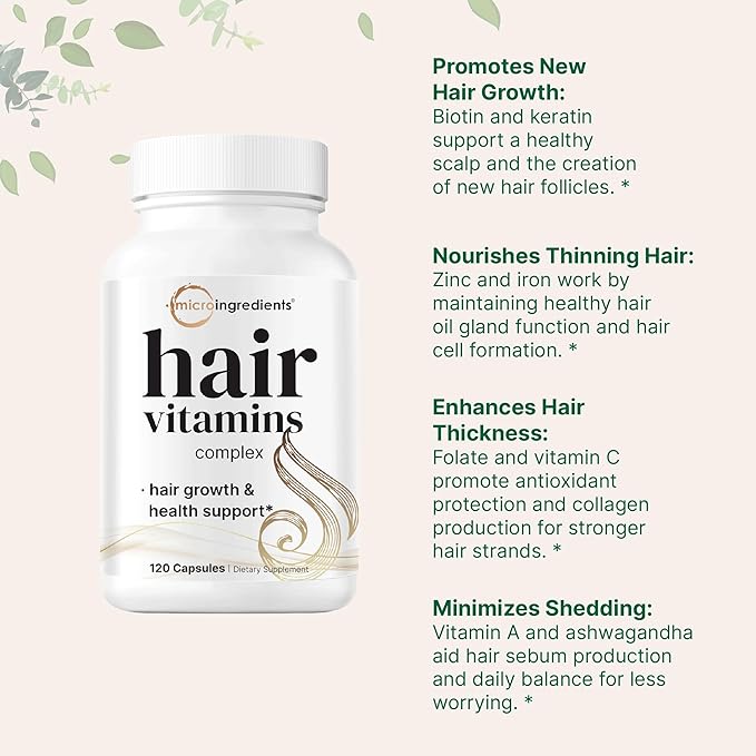 Micro Ingredients Hair Growth Vitamins for Women & Men, 120 Capsules | 14-in-1 Formula with Biotin, Collagen, Keratin, Saw Palmetto & More | Thicker, Fuller, Nourishes Thinning & Loss Hair Support