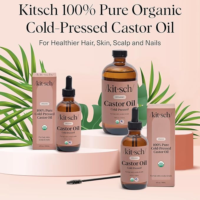 Kitsch Organic Castor Oil for Hair Growth - 100% Pure Castor Oil, Organic Cold Pressed Unrefined Glass Bottle for Face, Skin, Lashes, Brows, Scalp, Nails & Belly Button | Ideal Gifts for Women- 16 oz