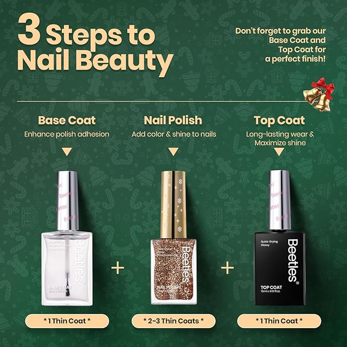 Beetles Christmas Nail Polish, 6 Colors Quick Dry Nail Polish Glossy Glitter 7.5ml /0.25 Fl Oz Red Green Gold Silver for Christmas Nail Art Manicure DIY at Home Gifts for Women