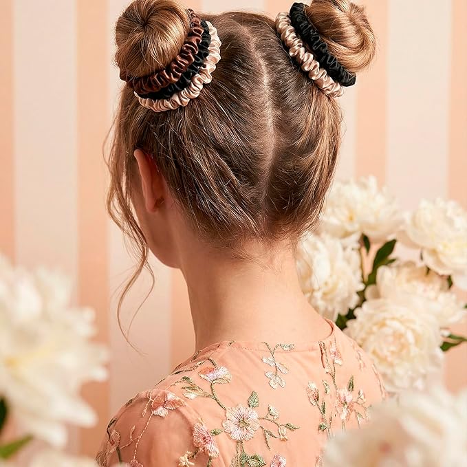 Satin Scrunchies, 6 Pack, Reduces Hair Breakage, Prevents Frizz, Smooth Texture (Black/Brown/Champagne)