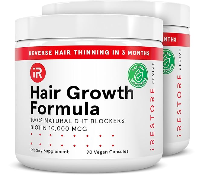 iRestore Hair Growth Supplement – Natural DHT Blockers & Multivitamin Blend – Vegan, Non-GMO, 90 Capsules – Supports Thicker, Stronger Hair for Men and Women – 2-Pack
