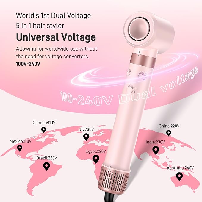 Dual Voltage Hot Air Styler Wrap - 5 in 1 Hair Dryer Brush with Fast Drying Blow Dryer, Styling, Straightening & Volumizing with Travel Bag (100V–240V) Gift for Women (Pink)