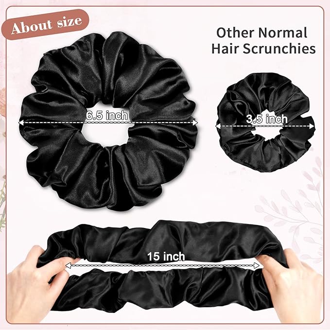 CEELGON Black Big Satin Scrunchie6.5 Inches Jumbo Scrunchies Silky Hair Ties Oversized Ponytail Holderfor Thick Curly Hair Extra Large Hair Accessories for Women (Black)