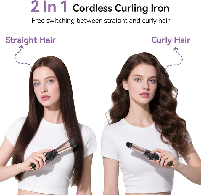 Cordless Curling Iron Hair Straightener: Travel Mini Flat Iron USB Rechargeable 4000 mAh 2 in 1 Small Cordless Portable Hair Curler