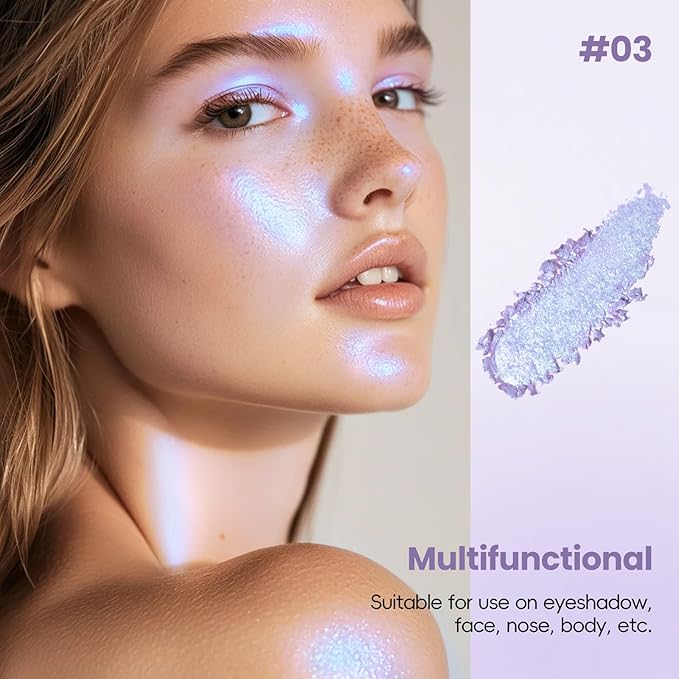 Holographic Blue Purple Glitter Eyeshadow, Multichrome Shimmer Color Shifting Single Eyeshadow, Chameleon Metallic Iridescent Eye Shadow Palette Bouncy Texture Fairy Highlighter Makeup #3