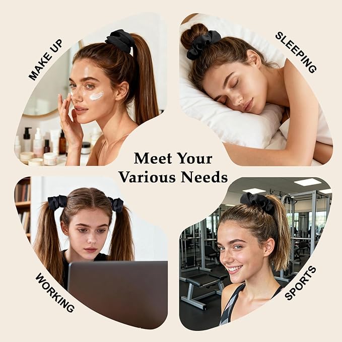 Satin Scrunchies for Women – 8PCS Black Silk Hair Ties – No Crease, Frizz-Free, Gentle Elastic Hair Bands for Thick & Thin Hair, Soft & Stylish Hair Accessories Gifts