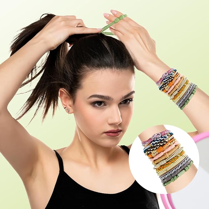Hair Tie Bracelets, 48PCS Boho Hair Accessories Hair Ties for Women - Not Damage for Thick Thin Hair Medium Long Hair Pony Tails (Retro C)