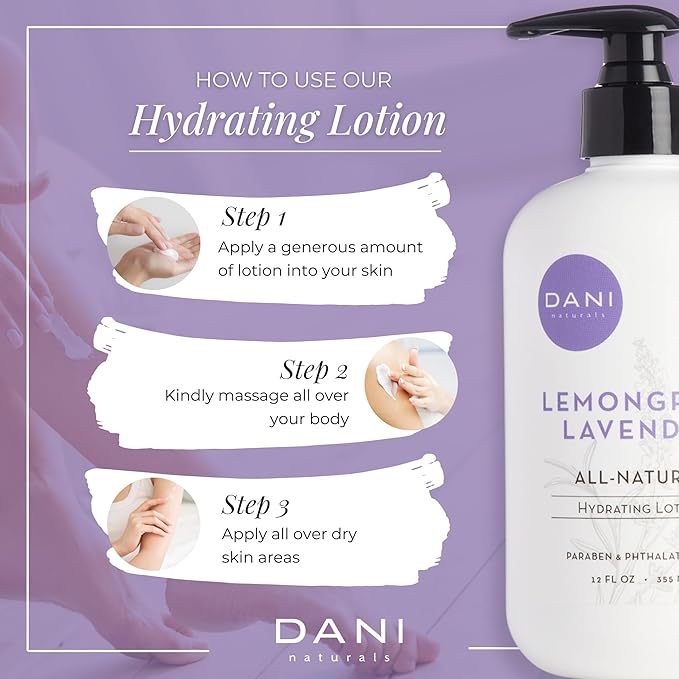 DANI Naturals Hand & Body Lotion - Calming Lemongrass Lavender Scent, Moisturizing Lotion with Aloe Vera, Shea Butter & Vitamin E, Deep Hydration for Dry Skin, All Skin Types - 12 Oz