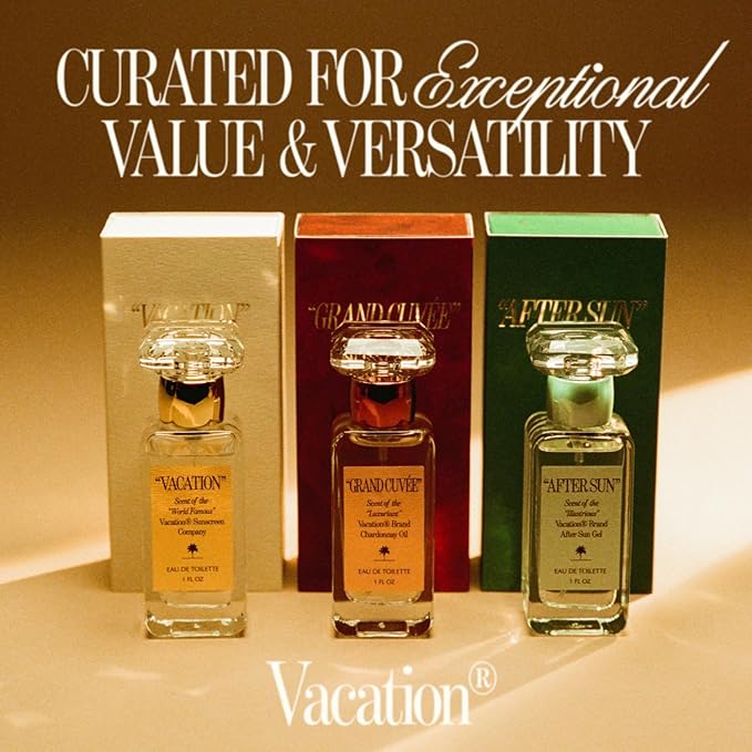 Vacation Eau De Toilette Trio, Signature Scents of "VACATION", "AFTER SUN" & "GRAND CUVÉE", Coconut, Aloe Vera, Argan, Amber & Summer Fragrances, Unisex Perfume Gift Set, 3 x 1 fl oz