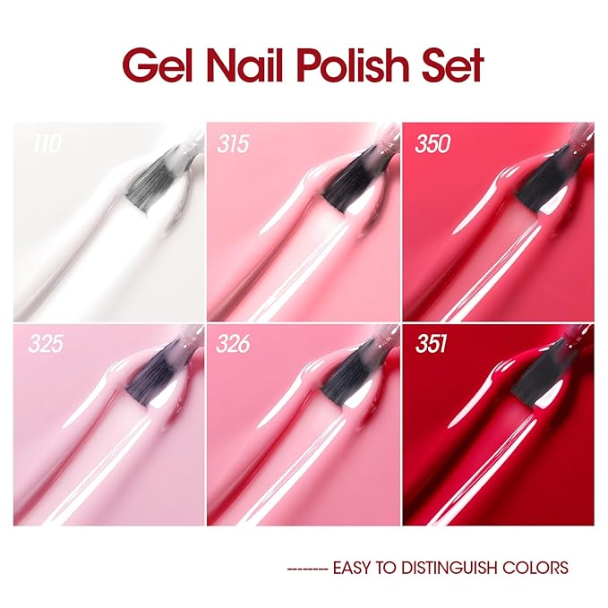 GELLEN Red Gel Polish Set, 6 Colors Red Rose Pink Jelly Gel Nail Polish Set, Soak off U/V Light Cured Nail Art Valentines Gifts for Her