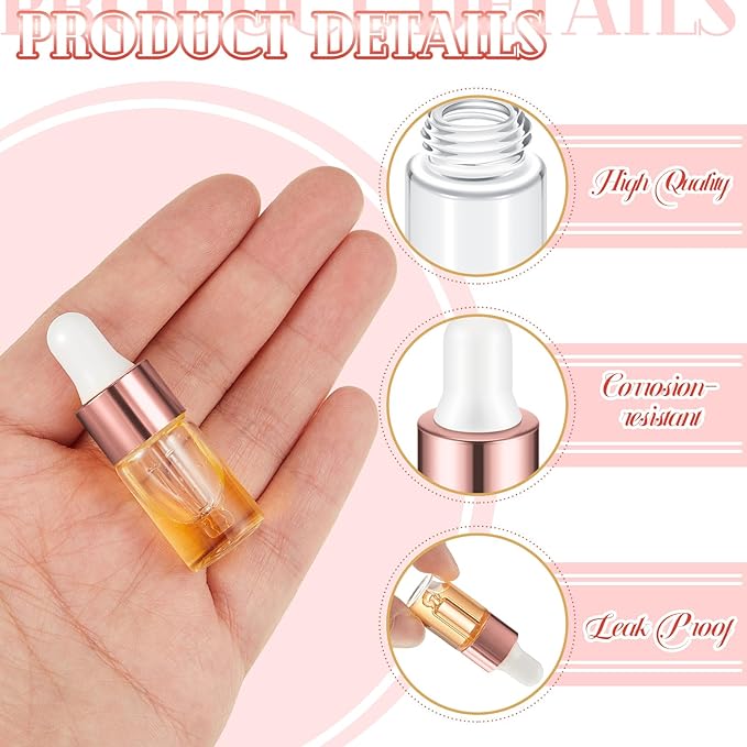 200 Pcs Mini Glass Oil Dropper Bottle Bulk, Clear Essential Small Empty Bottles Sample Containers Perfume Liquid Vials with Cap for Traveling (3 ml,Rose Gold)
