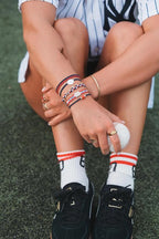 K'lani Game Day Hair Tie Bracelets – 5-Pack Stretchy No-Crease Hair Ties & Stylish Bracelets – Team Color Accessory for Hair or Wrist - Crimson & Navy, Medium